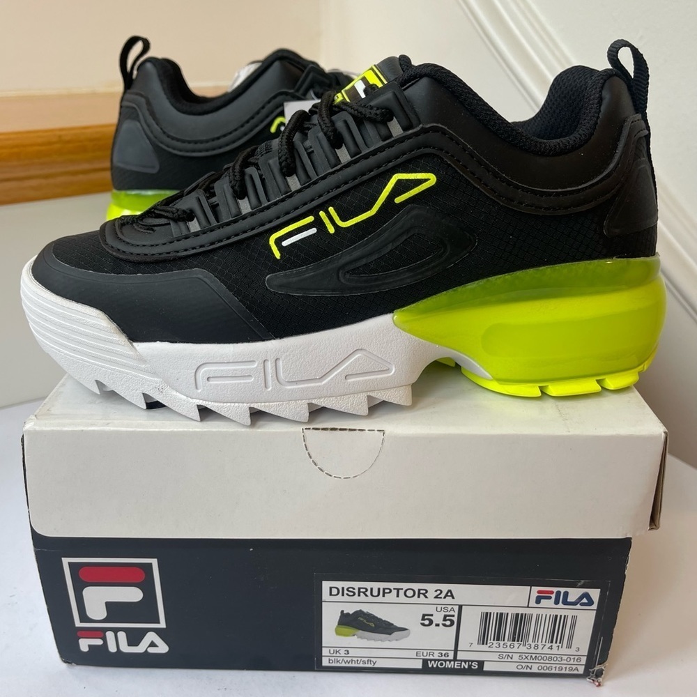 NWT Fila Disruptor 2A — Black / neon yellow green . Women’s platform sneakers